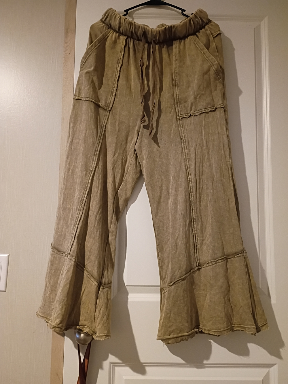 Boho Wide Leg Drawstring Pants in Olive-Tan Zenana Exposed-seam Flare Hem Size M